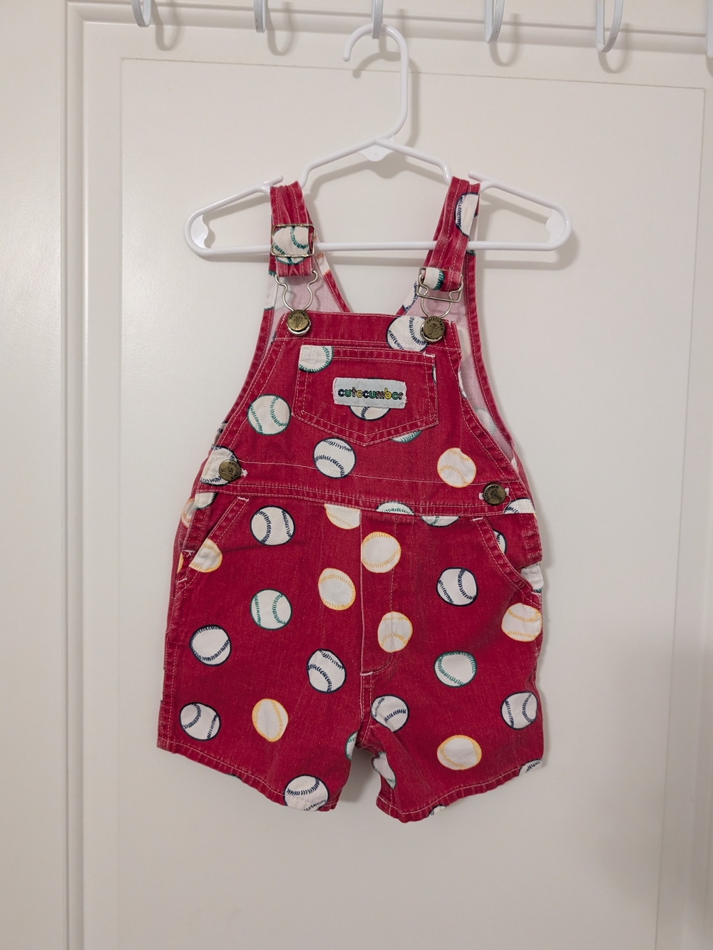 Vintage Cutecumber Kids 24M Red Baseball Shortalls Overalls 90s